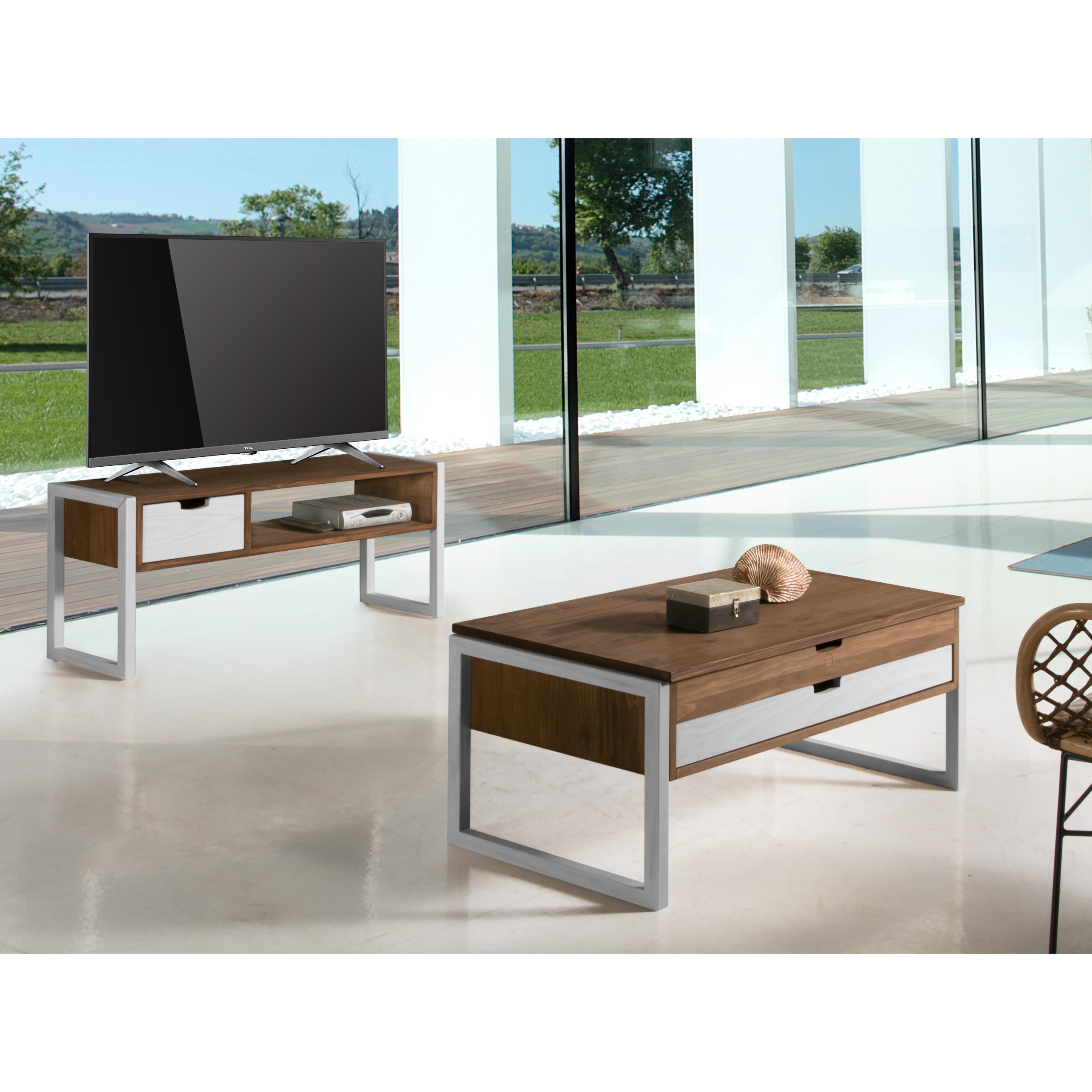 MESA CENTRO ELEVABLE 1/CAJON ALEXANDRA 106 X 50 X 42 COLOR BLANCO PINO - Imagen 4