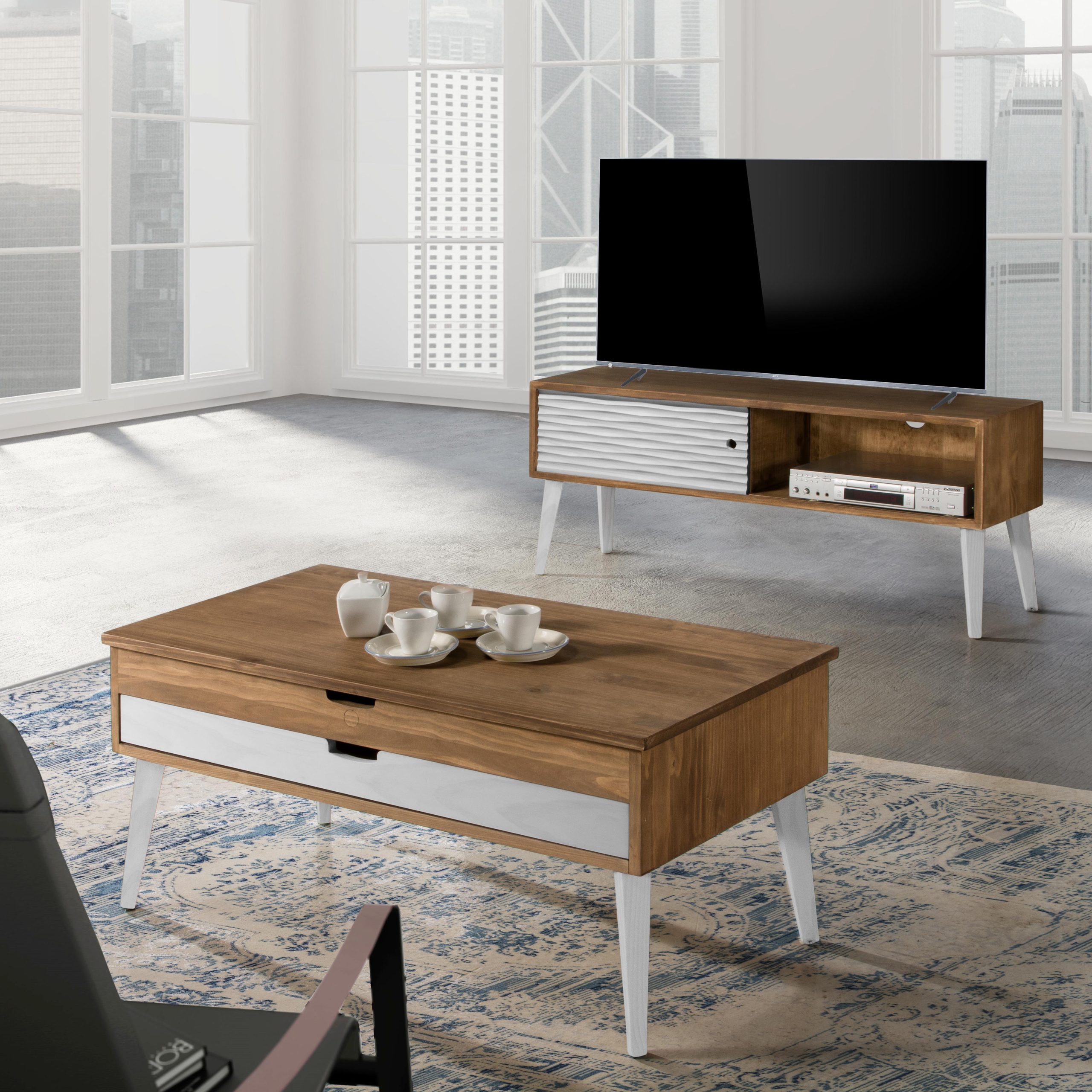 TABLE BASSE RELEVABLE 1/TIROIR HADA 100 X 50 X 45 BLANC MASSIF – Image 3